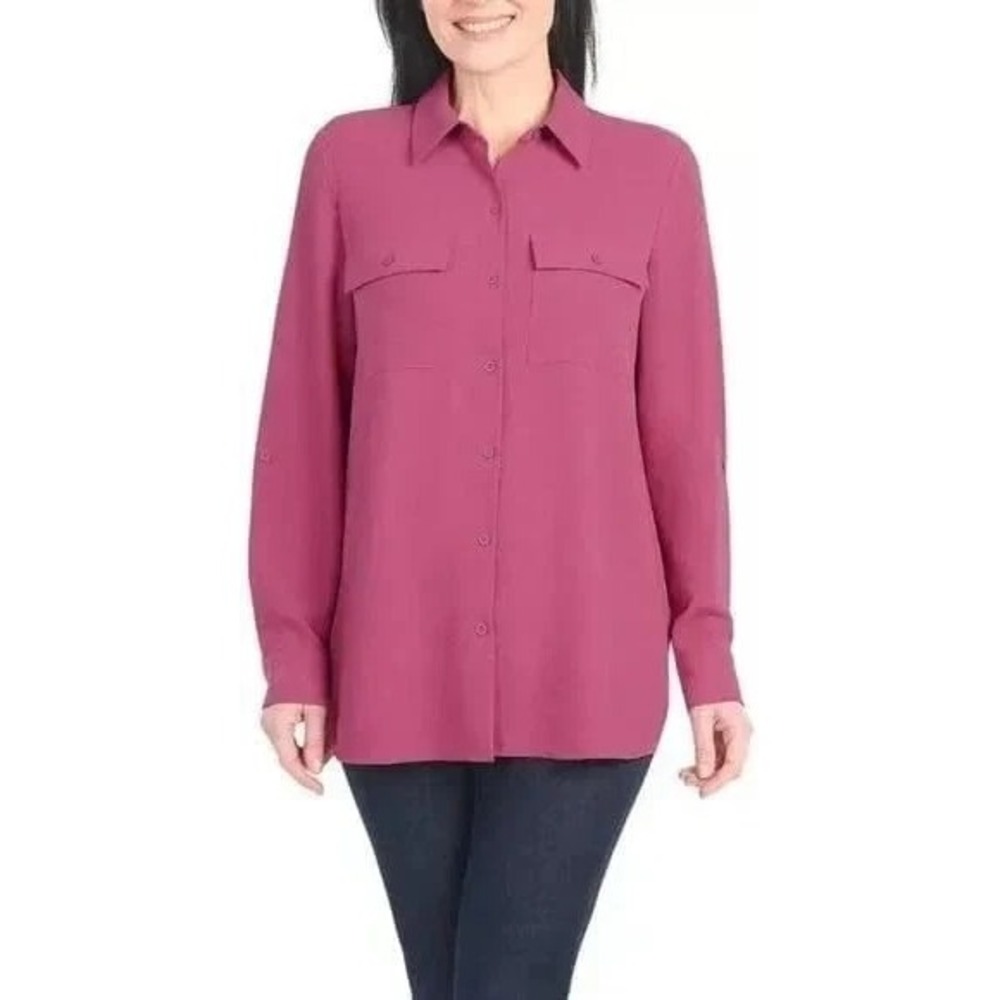Hilary Radley Womens Button Front Blouse Dark Pink Long Sleeve CU10412-223 M